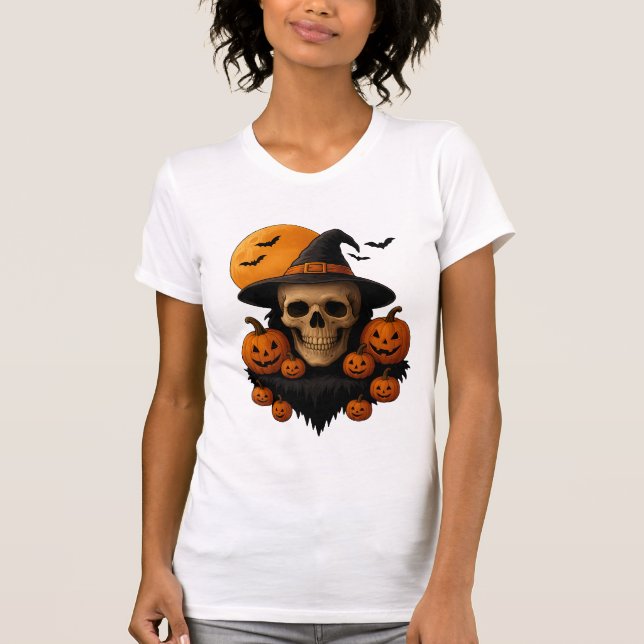 Camiseta de Caveira de Halloween com Abóboras e Ch (Frente)