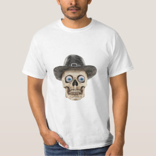 Camiseta de caveira fofa e sinistra usando chapéu