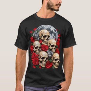 Camiseta de Caveiras Góticas e Rosas Vermelhas F