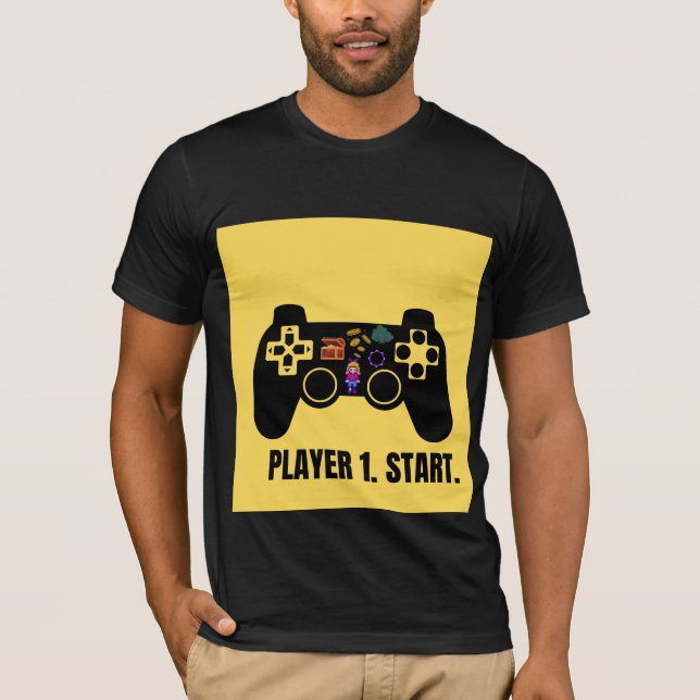 Camiseta de Controle de Jogo Retro Player 1 Start (Frente)