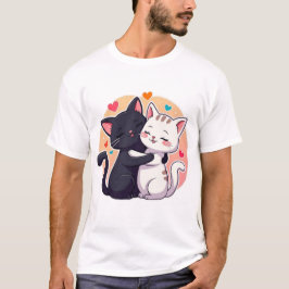 Camiseta de Coração de Amor de Gato Preto e Branco
