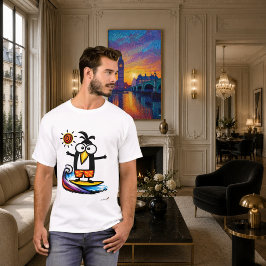 Camiseta de desenho animado de pinguim surfando en