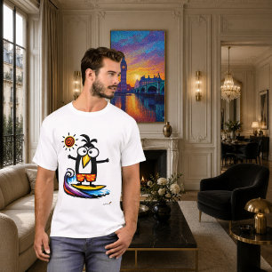 Camiseta de desenho animado de pinguim surfando en