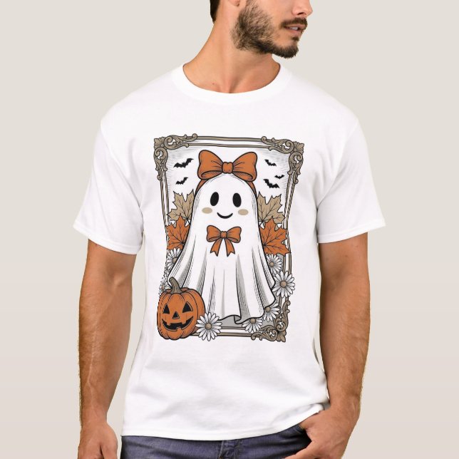 Camiseta de Desenho de Fantasma de Halloween Fofo  (Frente)
