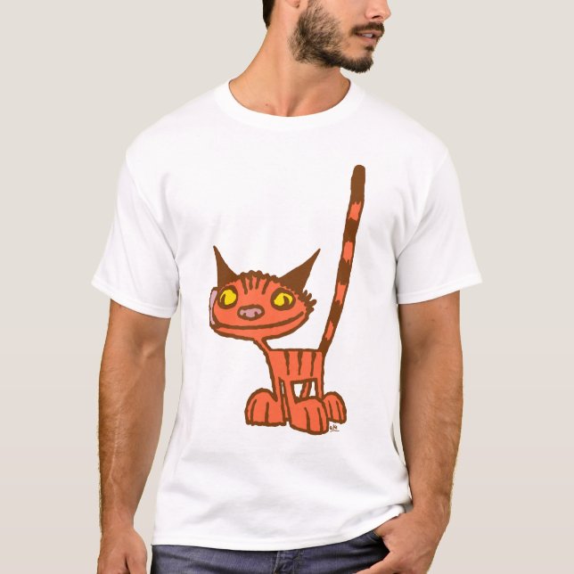 Camiseta de desenho em branco laranja e Gatinho Le (Frente)