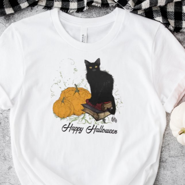 Camiseta de Dia das Bruxas de Gato Negro Whimsical (Spooky Cute Halloween Top)