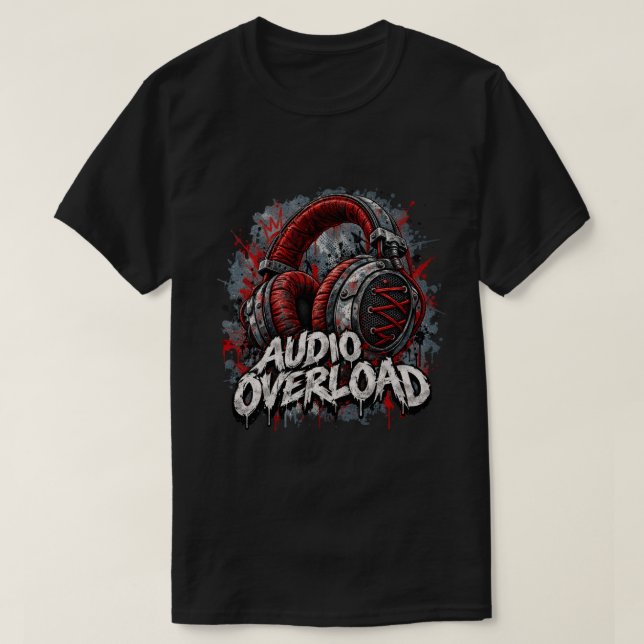 Camiseta de DJ com Fone de Ouvido Audio Overload,  (Frente do Design)