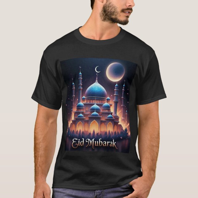 Camiseta De Eid Mubarak Da Mesquita Azul Brilhante (Frente)