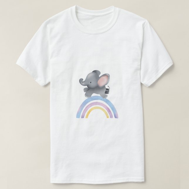 Camiseta de Elefante Bebê em Aquarela de Arco-Íris (Frente do Design)