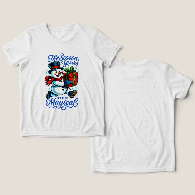 Camiseta de entrega de Natal do boneco de neve mág (Design Frente e Verso)