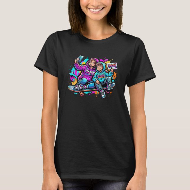 Camiseta de estilo de rua com grafite de mãe e fil (Frente)