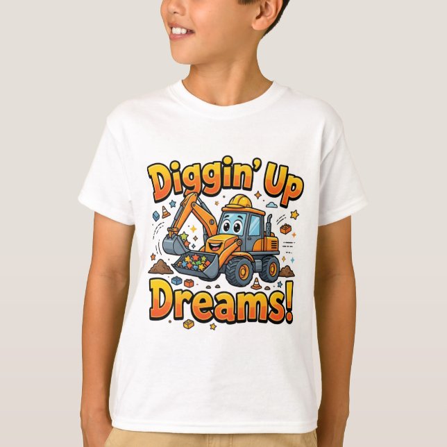 Camiseta de Excavadeira Fofa 'Desvendando Sonhos'  (Frente)