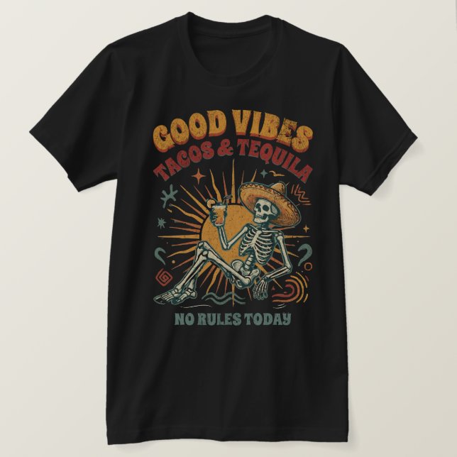 Camiseta de festa de esqueletos de tacos de tequil (Frente do Design)