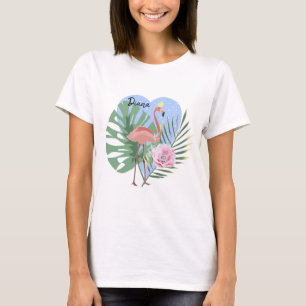Camiseta de flamingo rosa tropical folha de palmei