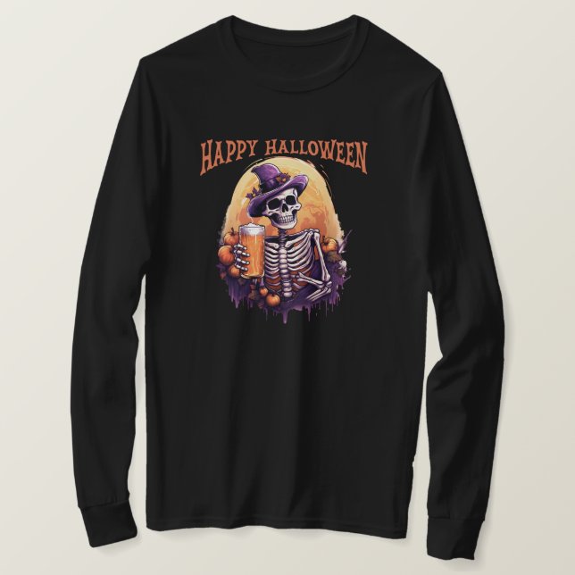 Camiseta de folhas compridas do Halloween (Frente do Design)