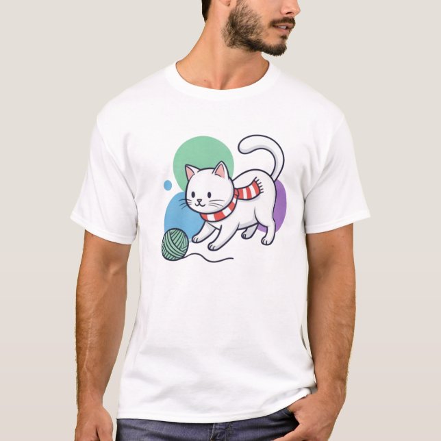 Camiseta de Gato Branco Divertido com Linha (Frente)