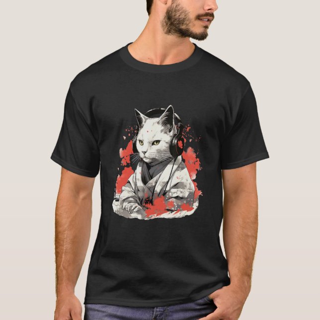 Camiseta de Gato com Fones de Ouvido ao Estilo Jap (Frente)