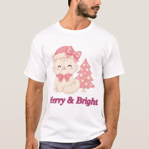 Camiseta de Gato de Natal Rosa Alegre e Brilhante