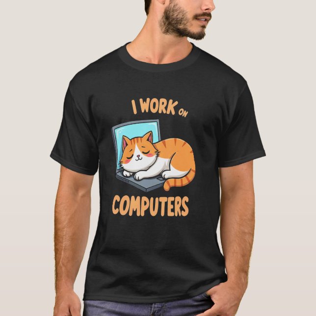 Camiseta de Gato Encantador que Trabalha com Compu (Frente)