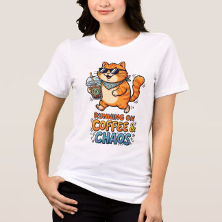 Camiseta de Gato Fofo 'Correndo em Café e Caos'