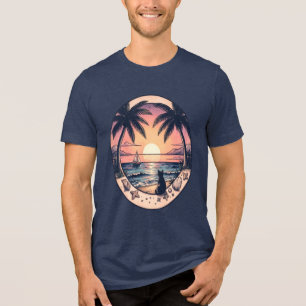 Camiseta de Gato no Pôr do Sol na Praia Vintage