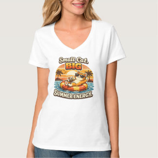 Camiseta de Gato Pequeno com Energia de Verão Retr