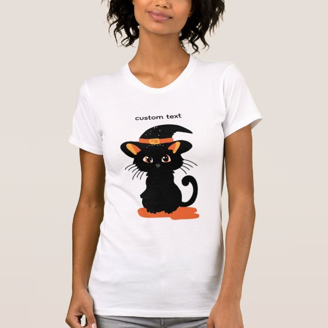camiseta de gato preto com chapéu vibes de hallowe (Frente)