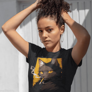 Camiseta de gato preto engraçado, fumando cigarro