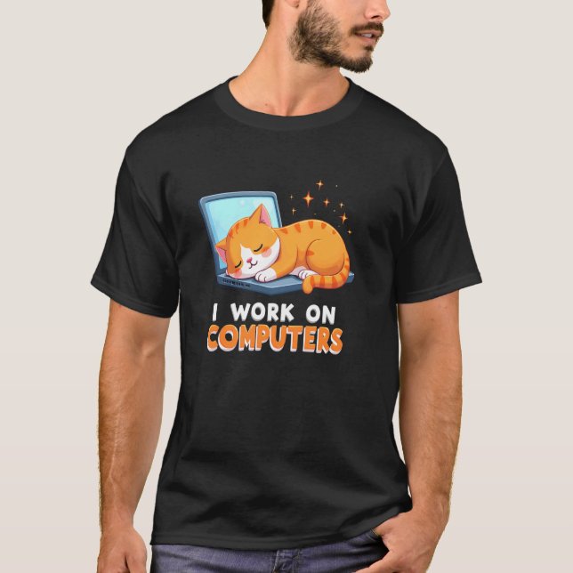 Camiseta de Gato Relaxado Eu Trabalho com Computad (Frente)
