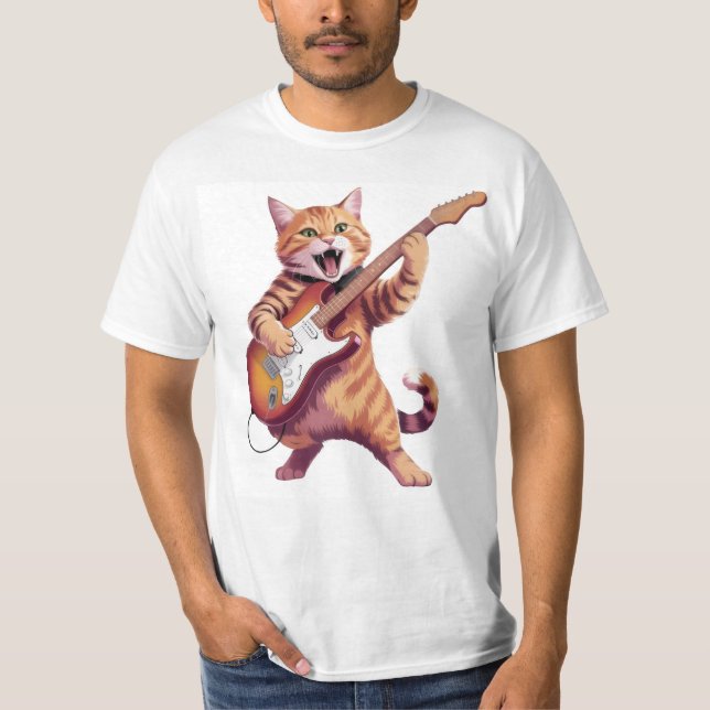 Camiseta de Gato Tocando Violão Rock (Frente)