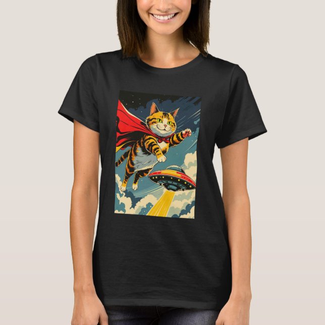 Camiseta de Gato Voando com OVNI, Gato Fofo com Ca (Frente)