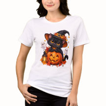 Camiseta de Halloween Abóbora Gato Preto