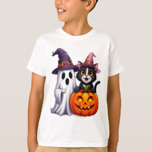 Camiseta de Halloween Abóbora Gato Preto Fantasma 