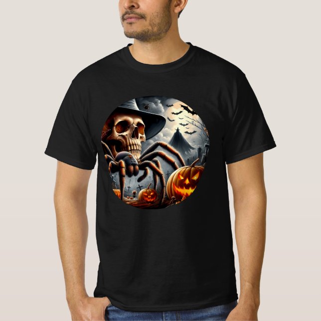 Camiseta de Halloween com Aranha e Abóboras e Esqu (Frente)