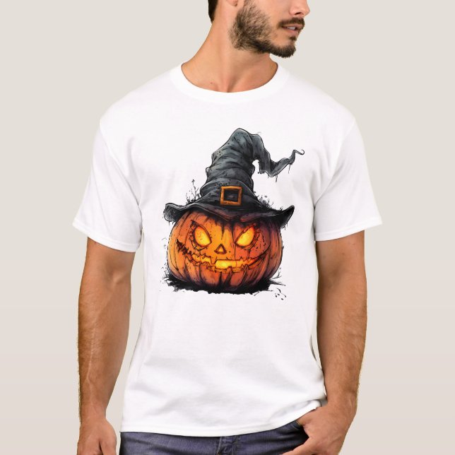 Camiseta de Halloween com Chapéu de Bruxa e Abóbor (Frente)