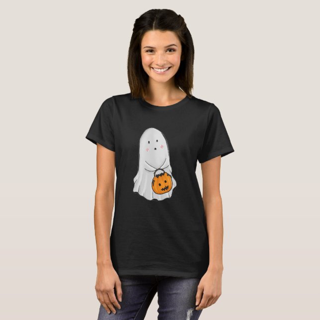 Camiseta de Halloween com Fantasma Fofo e Balde de (Frente Completa)