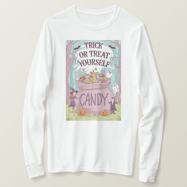 Camiseta de Halloween com o Design "Doce ou Traves (Frente do Design)