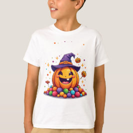 Camiseta de Halloween com Pilha de Doces de Abóbor