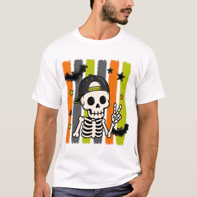 Camiseta de Halloween com Sinal de Paz de Esquelet (Frente)