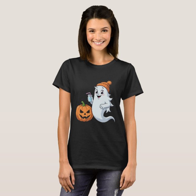 Camiseta de Halloween de Fantasma e Abóbora Fofa (Frente Completa)