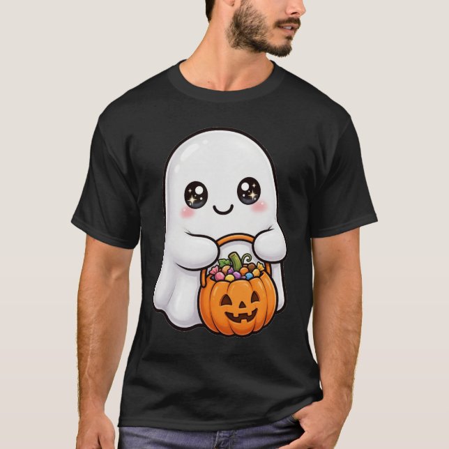 Camiseta de Halloween de Fantasma Fofo com Balde d (Frente)