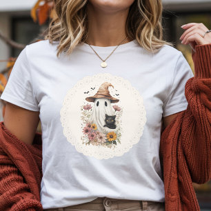 Camiseta de Halloween Fantasma e Gato Preto Coquet