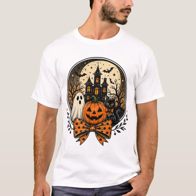 Camiseta de Halloween Gato Fantasma Casa Assombrad (Frente)