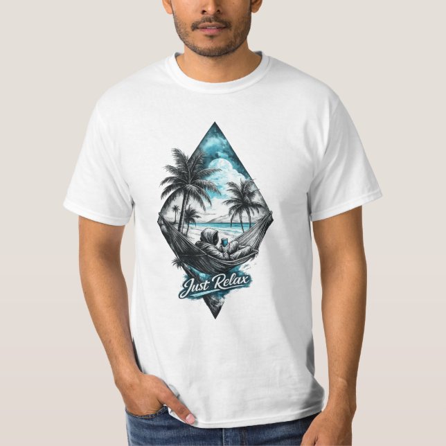 Camiseta de Hammock de Praia Tropical Just Relax – (Frente)