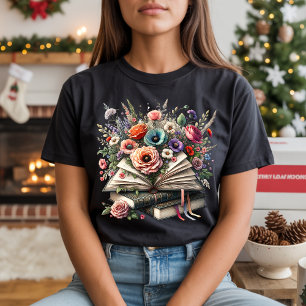 Camiseta de ilustração de pilha de livros florais 