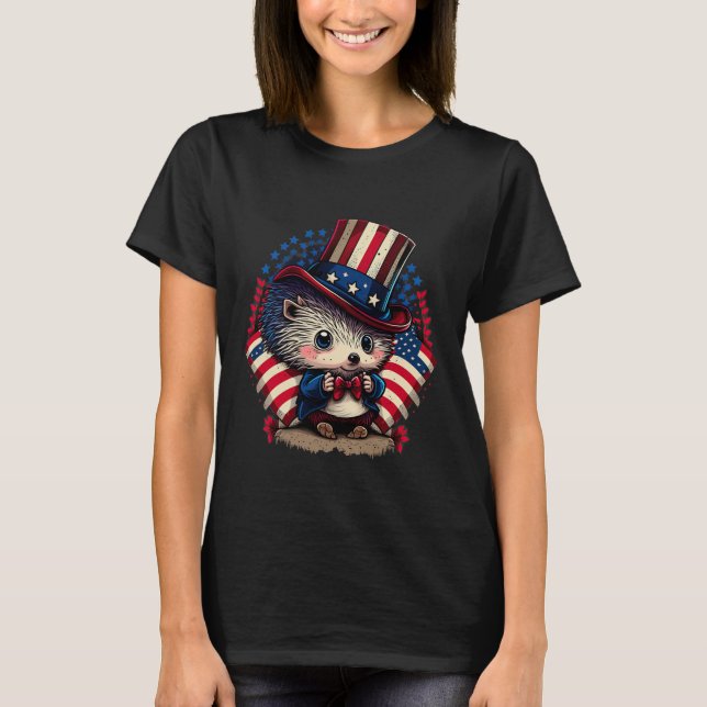 Camiseta De Julho Patriótico Hedgehog, Bandeira Dos Eua (Frente)