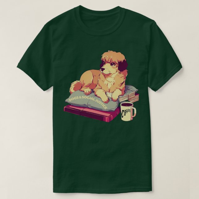 Camiseta de Livros, Café E Cães E Justiça Social (Frente do Design)