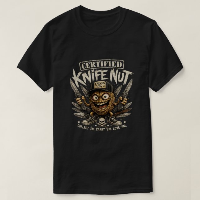 Camiseta de Louco por Facas Certificado (Frente do Design)