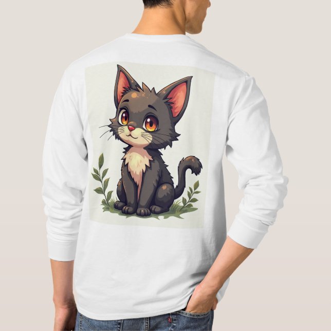 Camiseta de manga de impressão de gato (Verso)