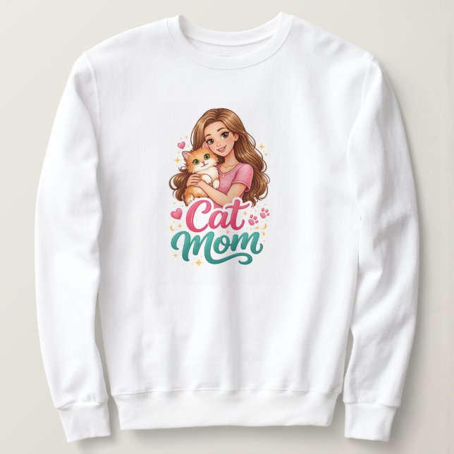 Camiseta de Manga Longa Cat Mom - Camisa Fofa para (Frente do Design)